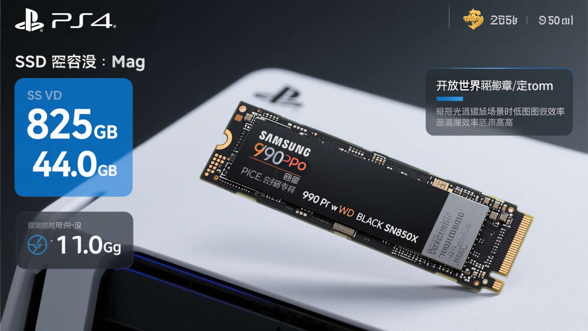 PS5原装SSD容量825GB，实际可用空间不足700GB。通过加装PCIe&nbsp;4